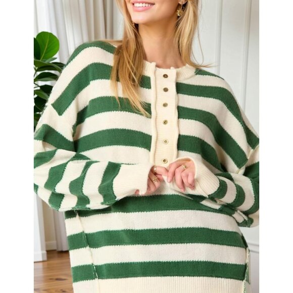 Women's Striped Knit Sweater Long Sleeve Button Henley Casual Top - Picture 5 of 6